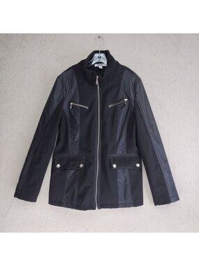 DKNY Jacket Womens L Black Zip Front Mixed Media Rib Collar Silver Zippers